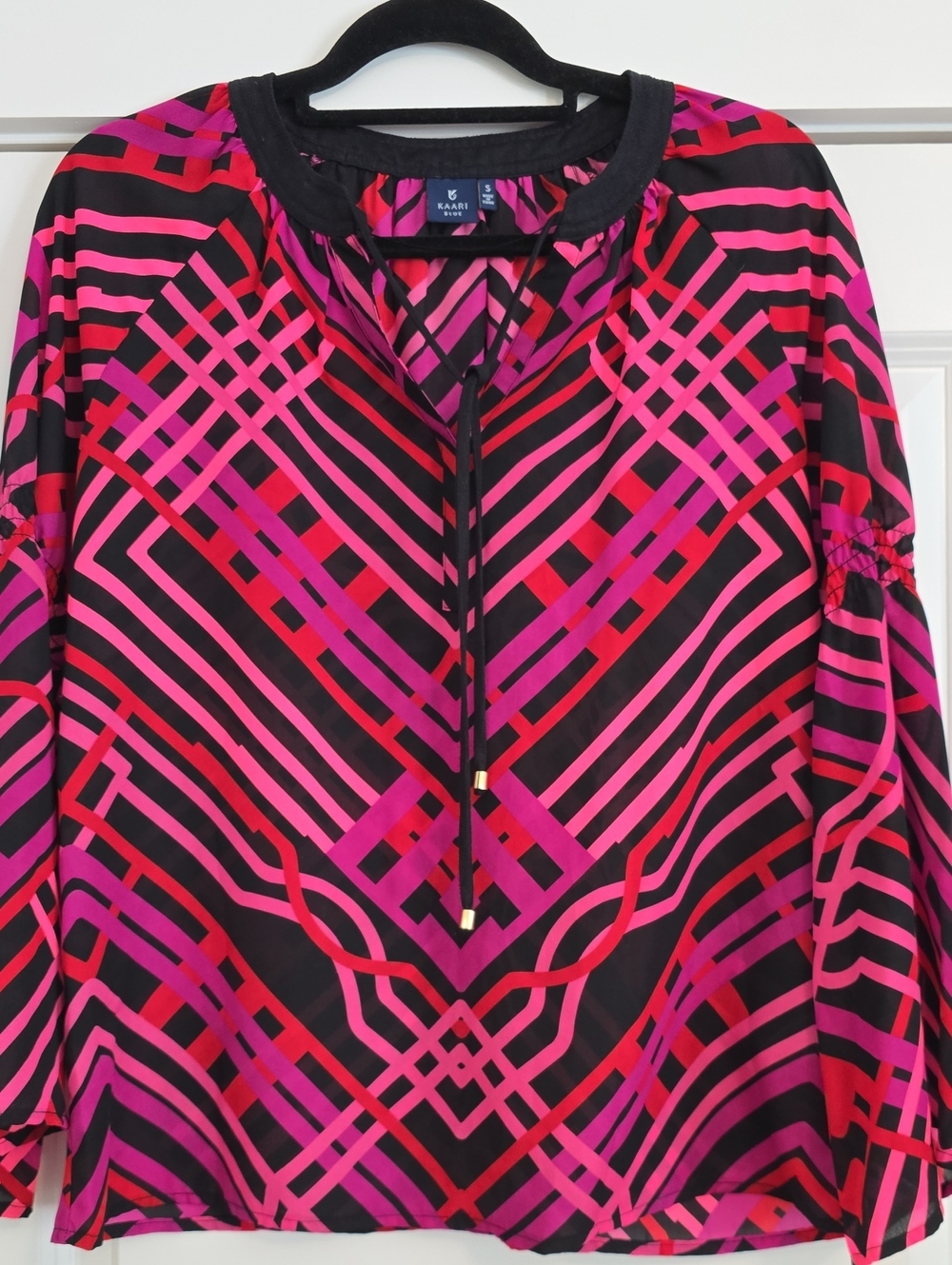 Kaari Blue Geometric Tie-Neck Blouse Women's Small